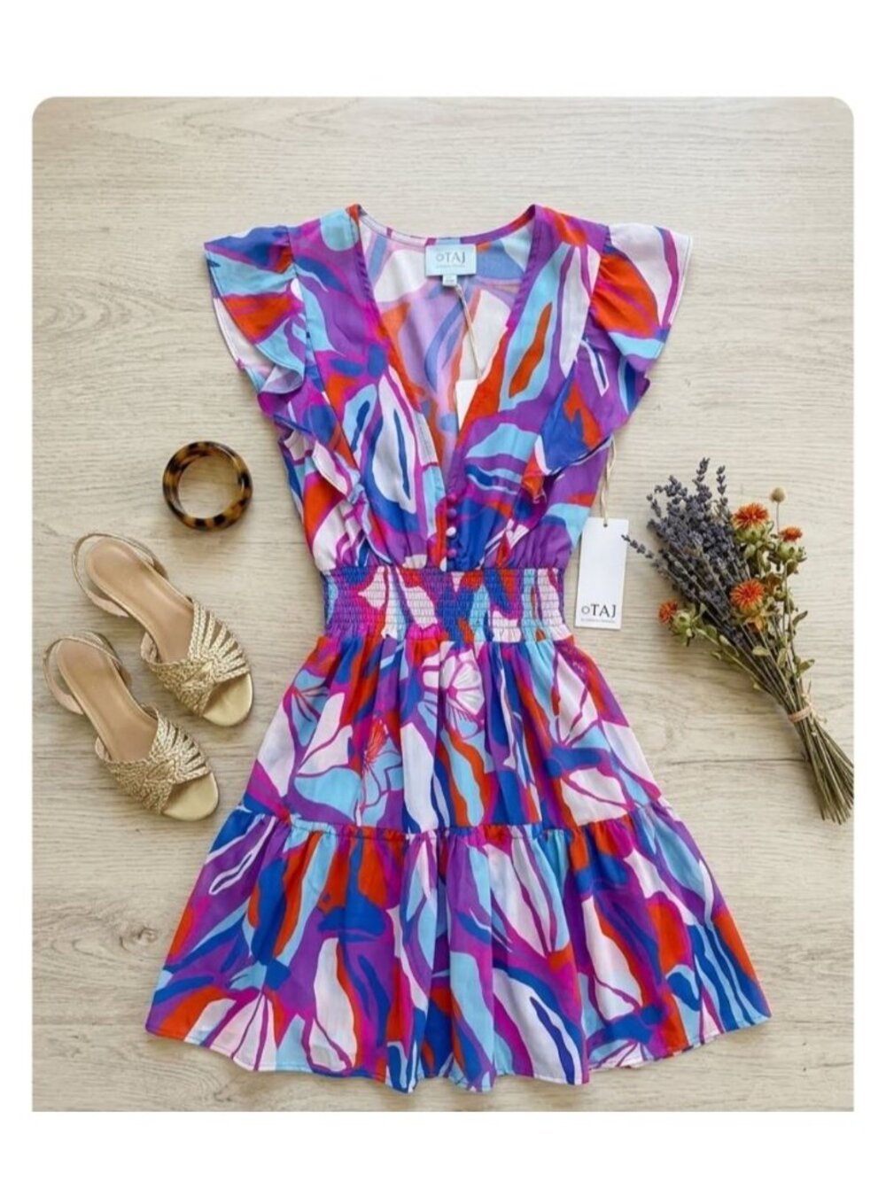 NWT Taj by Sabrina Crippa Abstract Vibrant Smocked Waist Mini Dress Size Small